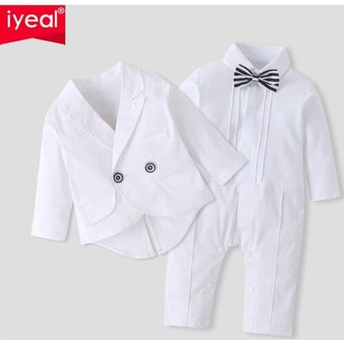 IYEAL Kid Boy Outfit Formal Clothes High Quality Gentleman Baby Boy White Tuxedo Jacket With Rompers for Wedding Birthday Party