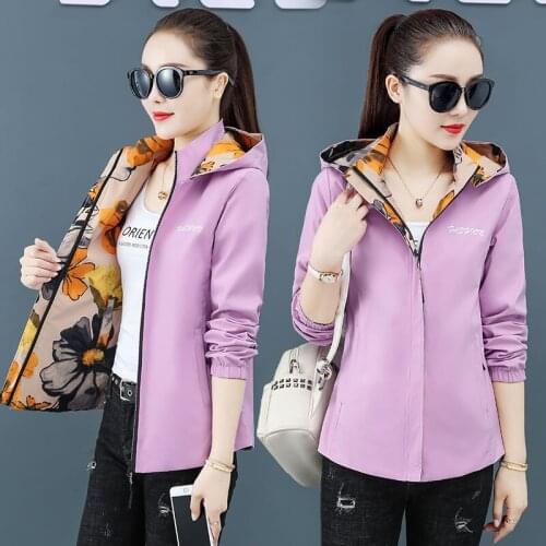 New Double-sided Wear Windbreaker Women Spring Autumn Fashion Print Hooded Short Jacket Ladies Plus Size 5XL Women Coats Tops