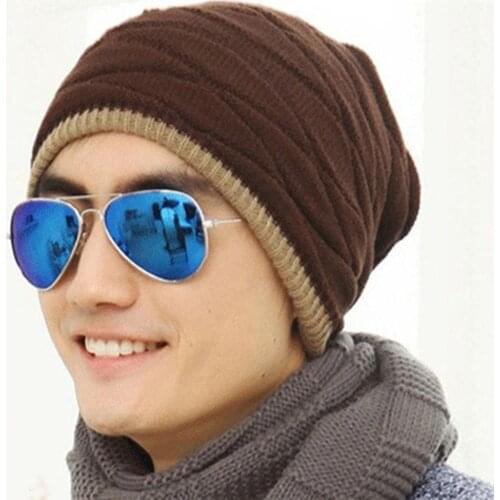 Autumn Winter Warm Men Stretch Plush Lined Slouch Knitted Hat Hip Hop Beanie Hat Fashion Solid Hip-hop Beanie Hat Unisex Cap