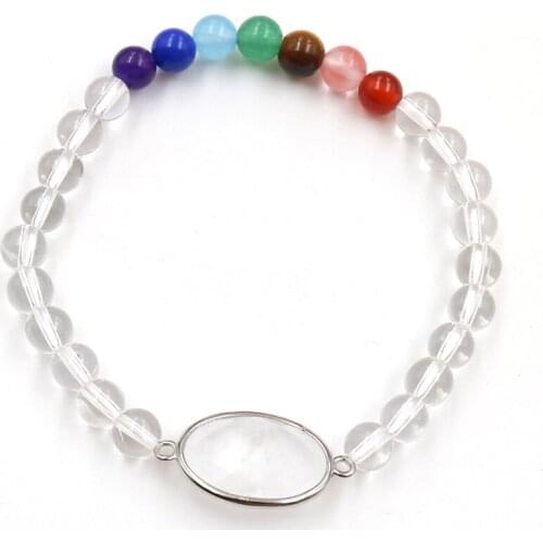 FYSL Silver Plated Oval Shape Clear Quartz Connect 6 mm Round Beads Stretchy Bracelet Healing Chakra Jewelry