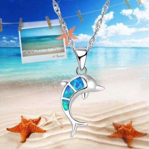 Lovely Silver Color Blue Fake Fire Opal Dolphin Necklace Pendant Jewelry, Suitable For Party Accessories Ladies Necklace Jewelry