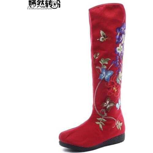 Vintage Autumn Chinese Women Boots Floral Butterfly Embroidered Knee Boots Retro Zipper Shoes Woman Cloth High Single Boots