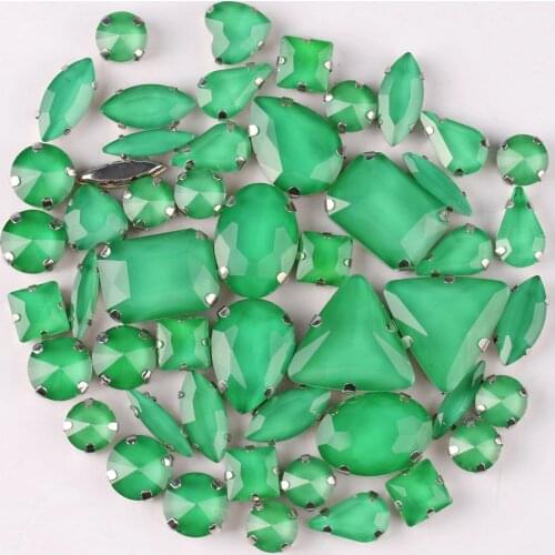 Silver claw settings 50pcs/bag shapes mix jelly candy Emerald glass crystal sew on rhinestone for garment shoes bags diy