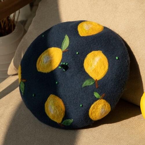 Beret Hat Soft Wool Novelty Handmade Lemon Pattern Artist Hats Fashion Casual Women’s Woolen Felt Warm Winter Hat