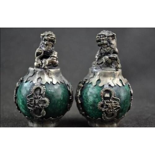 Old Handwork Green Jade Armoured Dragon lion fu dog Pair Statue Paperweight