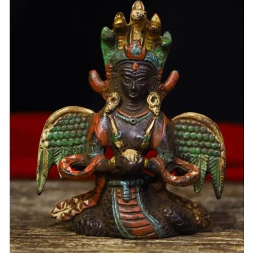 Home Decor 4" Tibet Buddhism Temple Old Bronze Painted Nagarjuna Buddha Statue Snake head statue Dragon fierce Longsheng