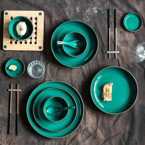 Light Luxury Dark Green Phnom Penh Ceramic Tableware Rice Bowl Fruit Salad Bowl Vegetable Plate Soup Bowl Ramen Bowl Steak Plate