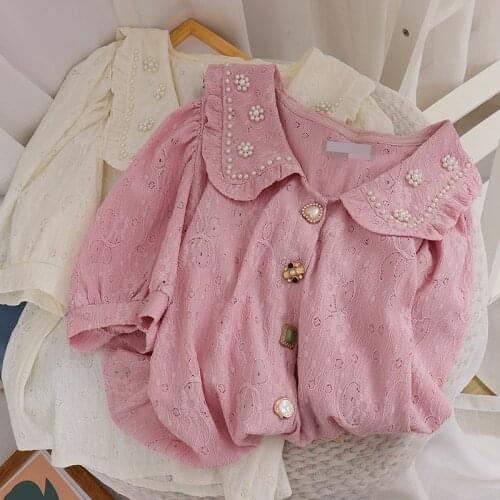 2021 Korean Blusas Mujer Beading Peter Pan Collar Vintage Short Puff Sleeve Summer Blouses Women Tops Loose Kawaii Shirt Retro