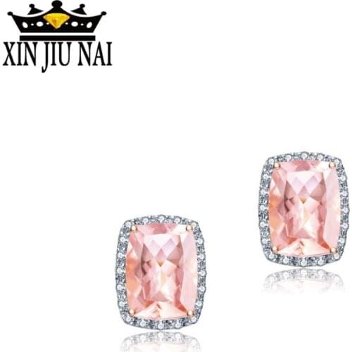 Female Luxury Pink Geometric Zircon Stud Earrings Vintage 925 Silver Jewelry DoubleFor the peach blossom luck Earrings For Women