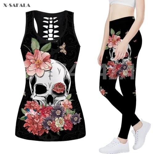 Skull Dance With Girl Flower 3D Printed Fitness Women Yoga Set Hollow Tank Top Leggings Outfit High Waist Stretchy Sport Pant-5