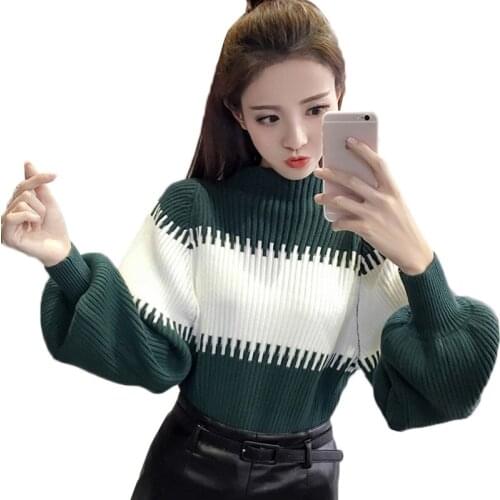 Lantern Sleeve Knit Sweater Pullover Women Fashion Stitching High Elasticity Sweater Bottoming Shirt Autumn Clothes Female Tops