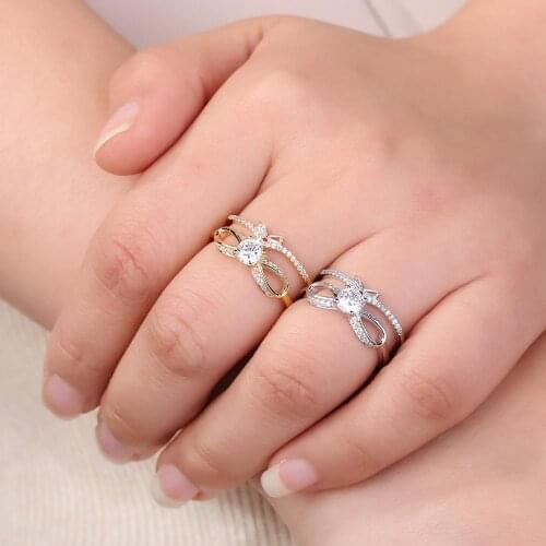 Romantic Wedding Style Womens Fashion Ring Bow Design Zircon Decoration Open Double-layer Bride Ring Jewelry Accessory