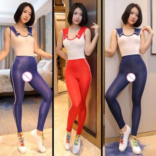 Women Erotic Open Crotch One Piece Bodysuit Student Sailor Collar Style Tight Uniform Sexy Temptation Patchwork Cosplay Bodysuit