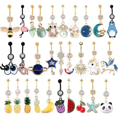 1PC Womens Gold Piercing Navel Gold 14G 316L surgical steel Crystal Flower Dangle Navel Belly Button Ring Body Piercing Jewelry