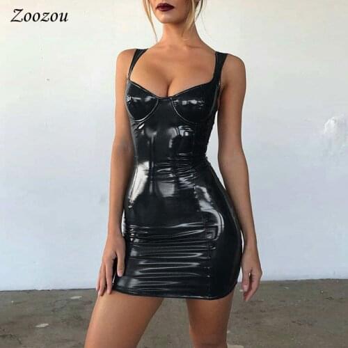 Sexy Skinny Evening Club Party Dress For Women Straps Slim Fit Bodycon Mini Dress Female Sleeveless Patent Leather Short Dress