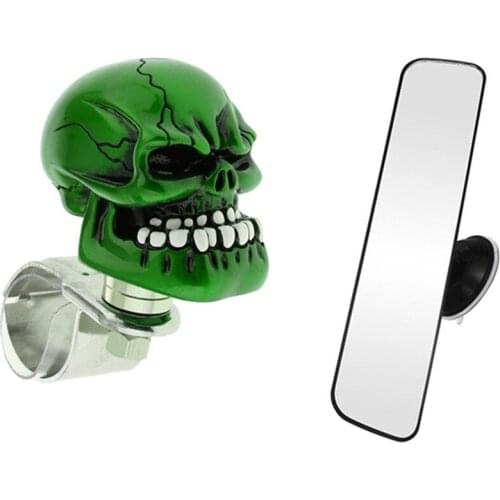 1X Panoramic Rear View Mirror Universal Wide Angle & 1Pc Skull Head Car Steering Wheel Spinner Suicide Knob Handle