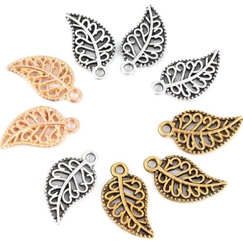 50Pcs 10*18mm Metal Alloy Hollow Leaf Pendant Handmade Three Color Small Leaves Charms For DIY Earrings Craft Jewelry Making