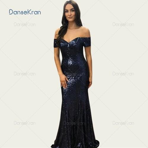 Off The Shoulder Shiny Navy Blue Prom Dresses 2021 Sparkle Sequins Mermaid Formal Evening Dress Zipper Up Back Maxi Dress Party