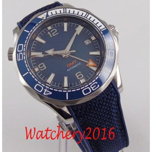 BLIGER Design Brand Luxury Men Watches Automatic Blue Dial Watch Stainless GMT Date Sapphire Business Mechanical Wristwatch