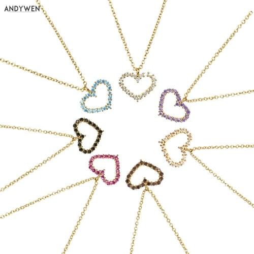 ANDYWEN 925 Sterling Silver Zircon Colorful Rainbow Heart Pendant Long Chain Necklace Fashion Fine Jewelry For Women Wedding