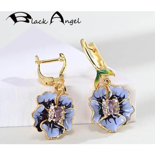 BLACK ANGEL 18K Gold Purple Enamel Sunflower 925 Sterling Silver Amethyst Clip Earrings For Women Fashion Jewelry 2020 New