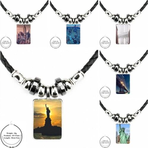 For Unisex 2018 New York City Ny Statue Of Liberty Glass Jewelry Black Leather Bead Pendant Glass Cabochon Choker Necklace