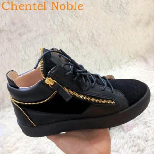 Chentel Comfortable Flock Leather Metal Chain Fashion Casual Party Dress Shoes Men Flats Lace-Up Zipper Sneakers Black Color