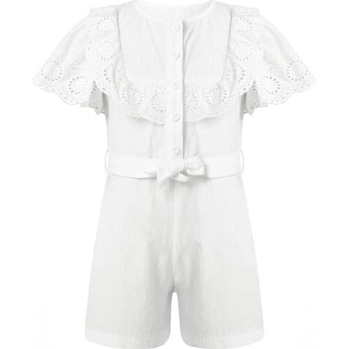 Summer Kids Girls Romper Short Jumpsuits Playsuit Pure Color Lace Flying Sleeve Sash Self Tie Jumpsuit Casual Girls Clothes