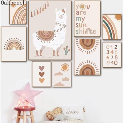 Boho Canvas Painting Numbers Art Poster Alpaca Wall Prints Rainbow Sunshine Paintings Nursery Wall Pictures Kids Room Decoration