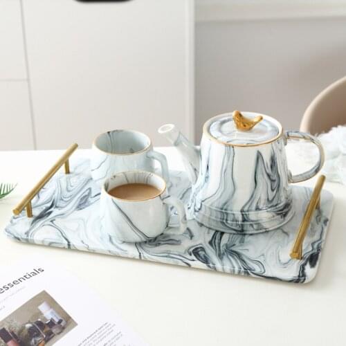 Ceramics Teapot Cup Set Marbling Drinkware Nordic Coffee Cup And Saucer Gold Handle Kettle Tray Afternoon Tea Cup Kit 1pcs