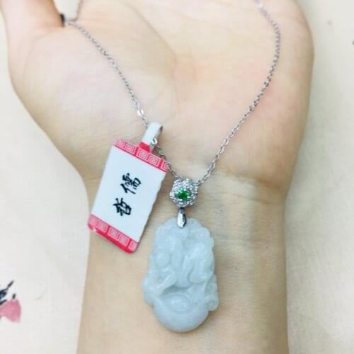 Natural Burmese Ajadeite Carved Zodiac Pendant with 925 Sterling Silver Necklace Elegant Lady Jade Clavicle Chain