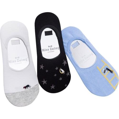 6 Pairs Women Invisible Boat Socks Summer Autumn Funny Cute Embroidery Cat Animals Non-slip Silicone Girls Sock Cotton Art Socks