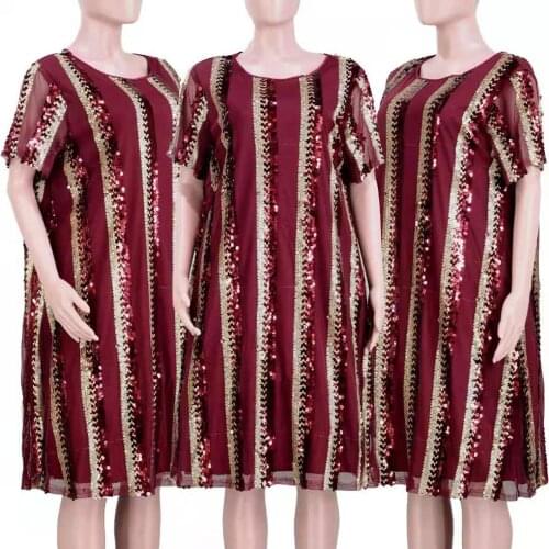 New Style African Clothing Womens Dashiki Net Cloth Lace Sequins Contain Inside Loose A-Line Dress Super Size L 4XL