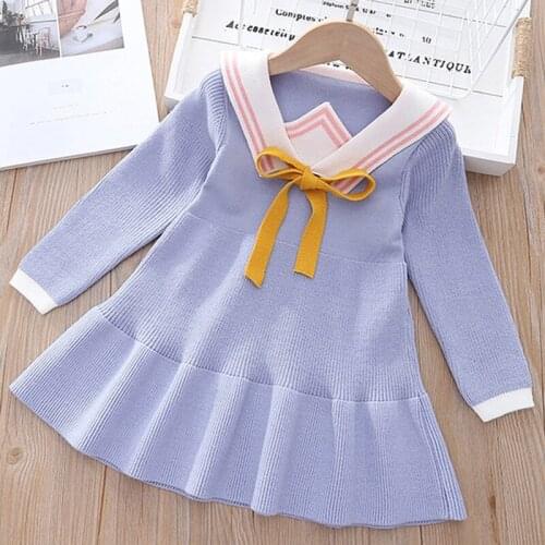 Autumn Winter Sweater Knitted Girls Dress Korean Long Sleeve Lapel Collar Printed Bow Patchwork Warm Children Dress Girl Clothes