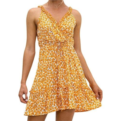 Floral Dresses For Women Party Womens Sleeveless Floral Print Bandage Swing Flowy A-line Mini Beach Dress Vestidos Mujer