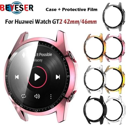 Plated PC + Glass Cover For Huawei Watch GT 2 46mm 42mm Cases Smartwatch Full Glass Screen Protector Film GT2 46 mm 42mm Case