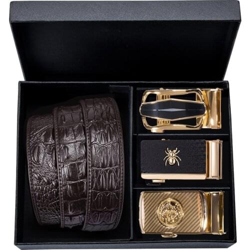 Hi-Tie Mens Genuine Leather Belt Cowskin Belts Automatic Buckle Belt Casual Jeans Strap Crocodile Brown Belts Men gift box Belt