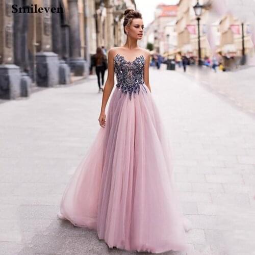 Smileven Sexy Formal Evening Dress Rhinestones Vestido de festa longo Illusion Back Long Party Evening Gowns Custom made