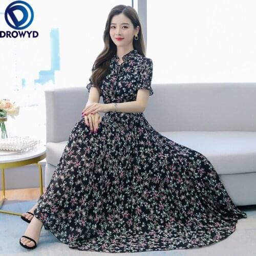 Summer Women Classy Floral Chiffon Beach Maxi Dresses 2021 Black Print 4XL Plus Size Vintage Maxi Dresses Bodycon Party Vestidos