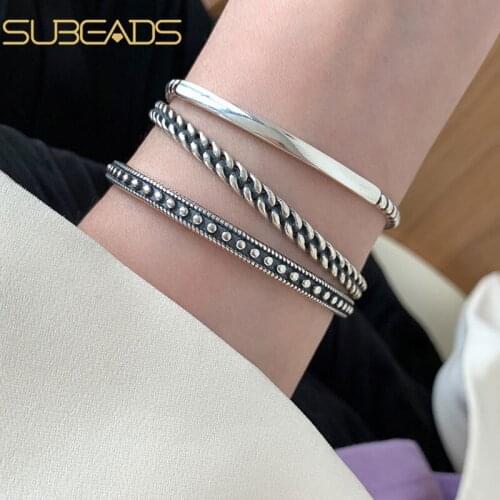 Subeads 925 Sterling Silver Vintage Twisted Woven Geometry Open Bangle Gorgeous Adjustable Bracelet&Bangle Party Jewelry Gifts