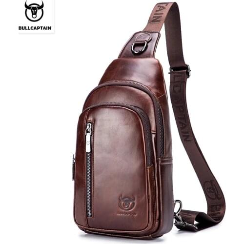 BULLCAPTAIN mens leather shoulder messenger chest bag first layer cowhide fashion multifunctional sports and leisure chest bag