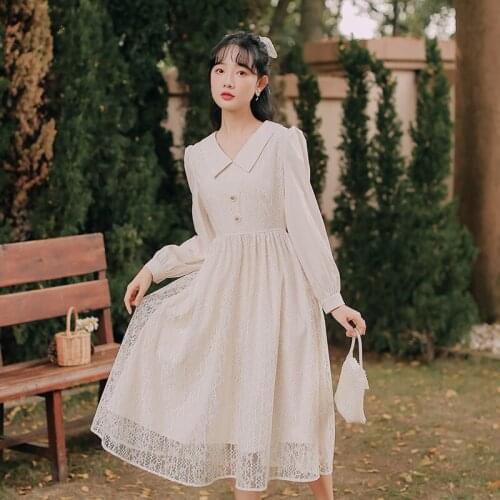 SWEETXUE Long Sleeve Pure Color Literary Retro Midi Lace Dress Chic Cute Womens Elegant Temperament Dress