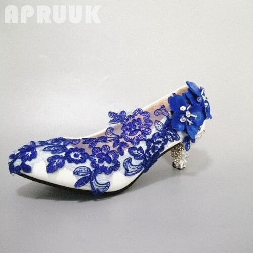 5CM middle heel blue lace pumps shoes woman royal blue lace flower ladies girls dinner party proms dress dancing shoes