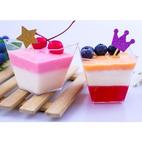 High quality 100ml transparent dessert cake decor cups party birthday favor square disposable pudding ice cream jelly cup