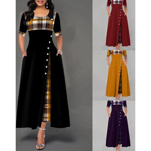 High Quality Half Sleeve Elegant Women Irregular Dress Patchwork Plaid Pocket Long Summer Dress Big Swing Party Dress Vestidos