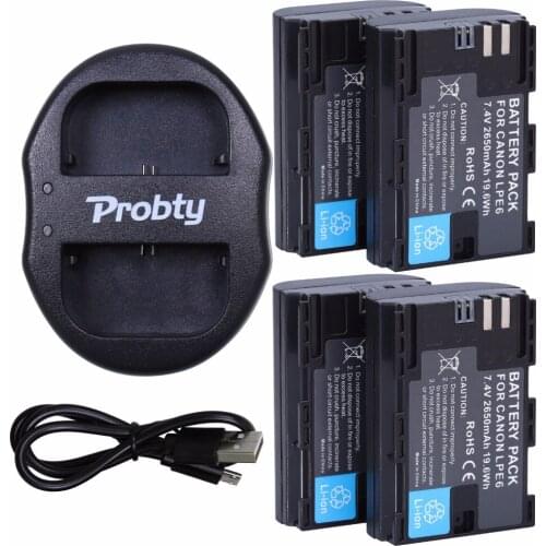 4pcs Probty LP-E6 LPE6 LP E6 Battery + USB Dual Charger For Canon EOS 5D Mark II III 5DS 5DS R 6D 7D 60D 60Da 70D 80D 7D Camera