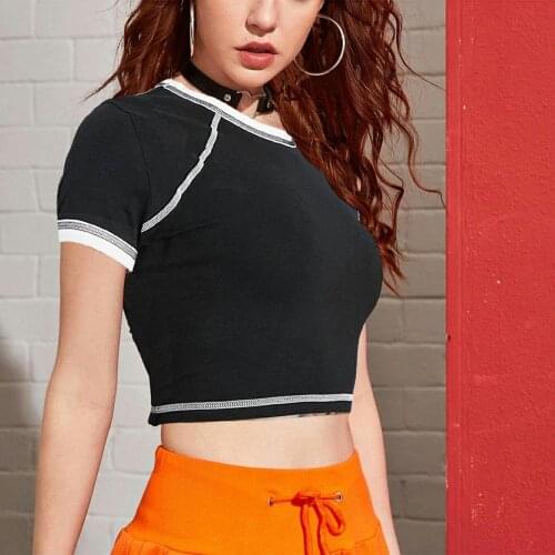 Women Black Casual Close-Fitting T-Shirt Black Sexy Round Collar Short Sleeve Crop Tops Unique Style Fashionable And Charming