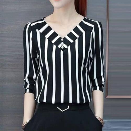 Office Lady Striped Printed T-shirts Women Elegant Three Quarter Sleeve T Shirt Leisure Stripe Office Lady Top T-shirts #30