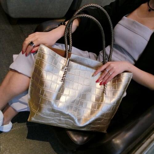 Women classic gold silver black big tote for female pu leather stone pattern large extra size novelty design one shoulder bag