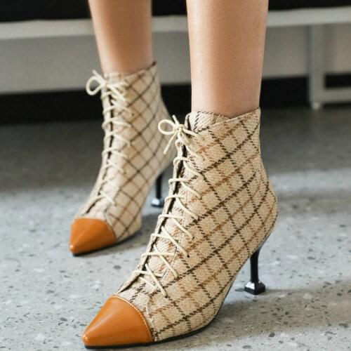 Ladies Plaid Fashion Ankle Boots Cross Tied Four Seasons Plus Size Womens Shoes Stitching Pointed Thick High-Heel Short Boots